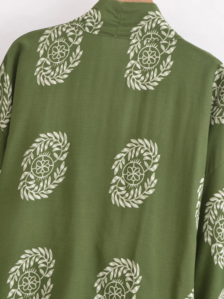 Sagewood Green Boho Floral Print Crop Top