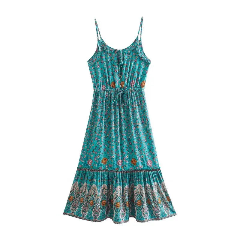 Ocean Bloom Boho Floral Print Midi Dress