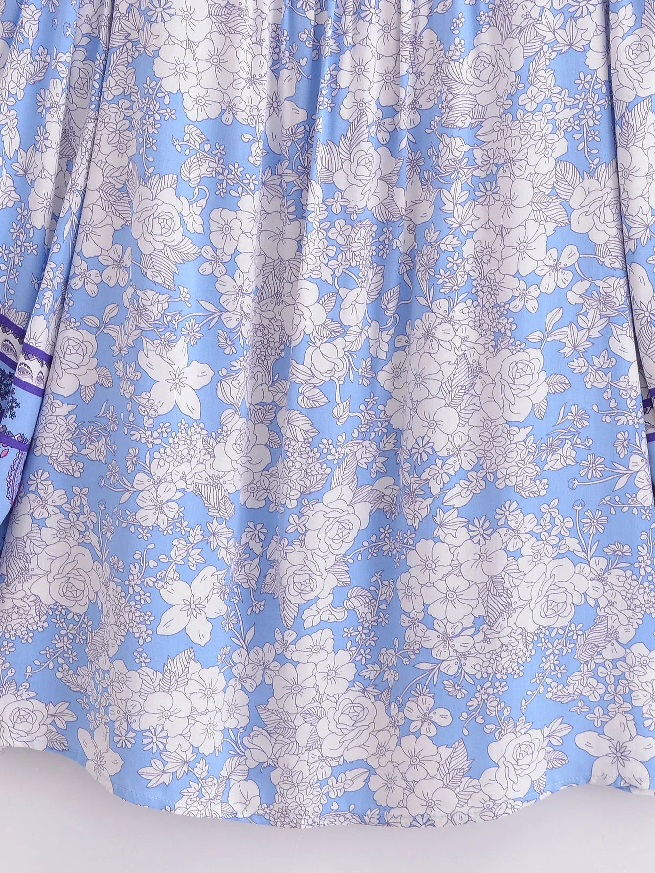 Serene Blue Boho Floral Print Long Sleeve Blouse