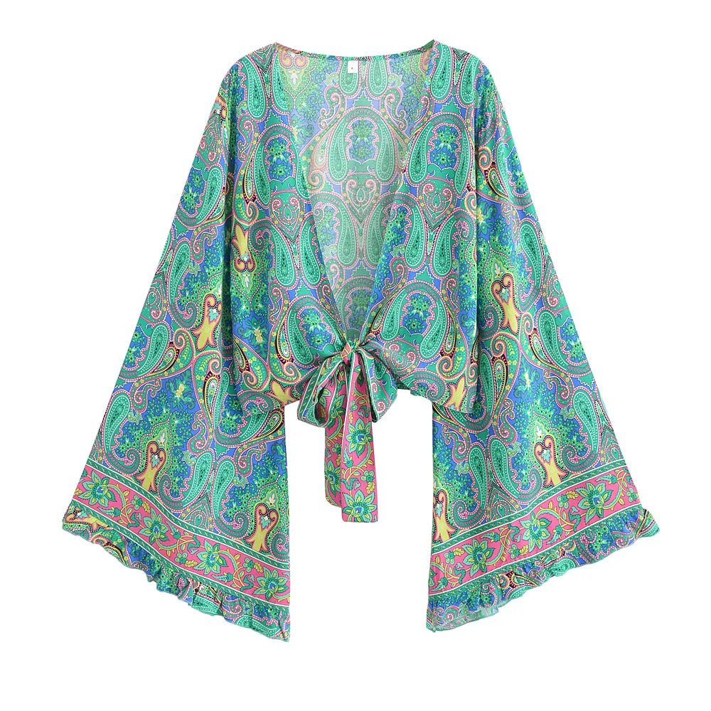 Mystic Green Boho Paisley Print High-Low Maxi Skirt