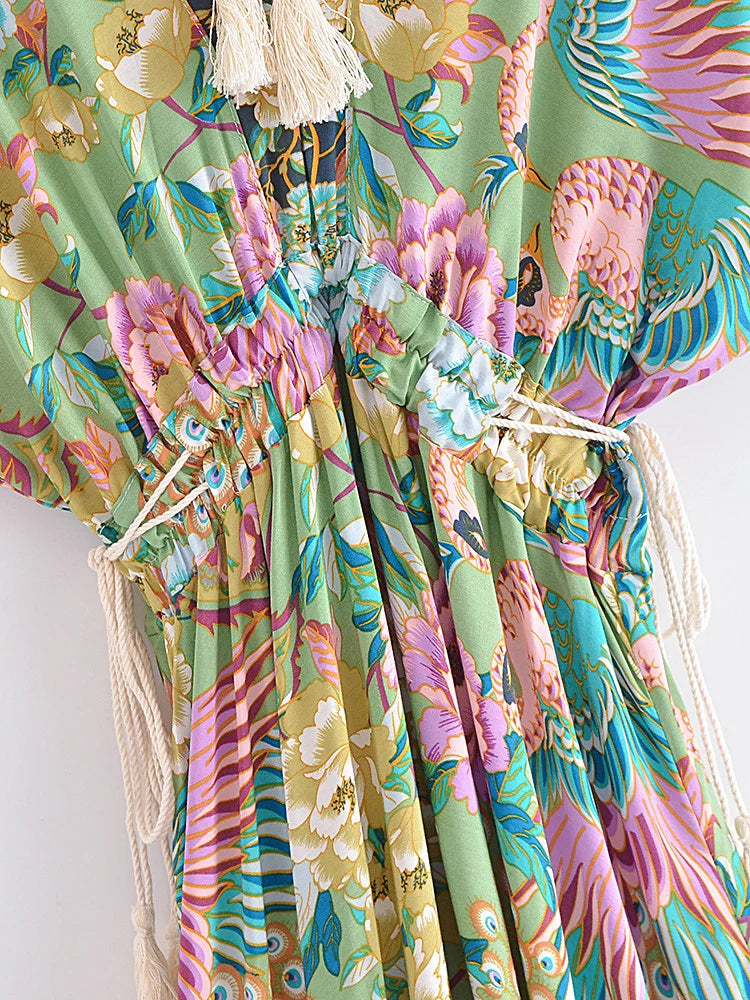 Jade Songbird Boho Floral Print Midi Dress