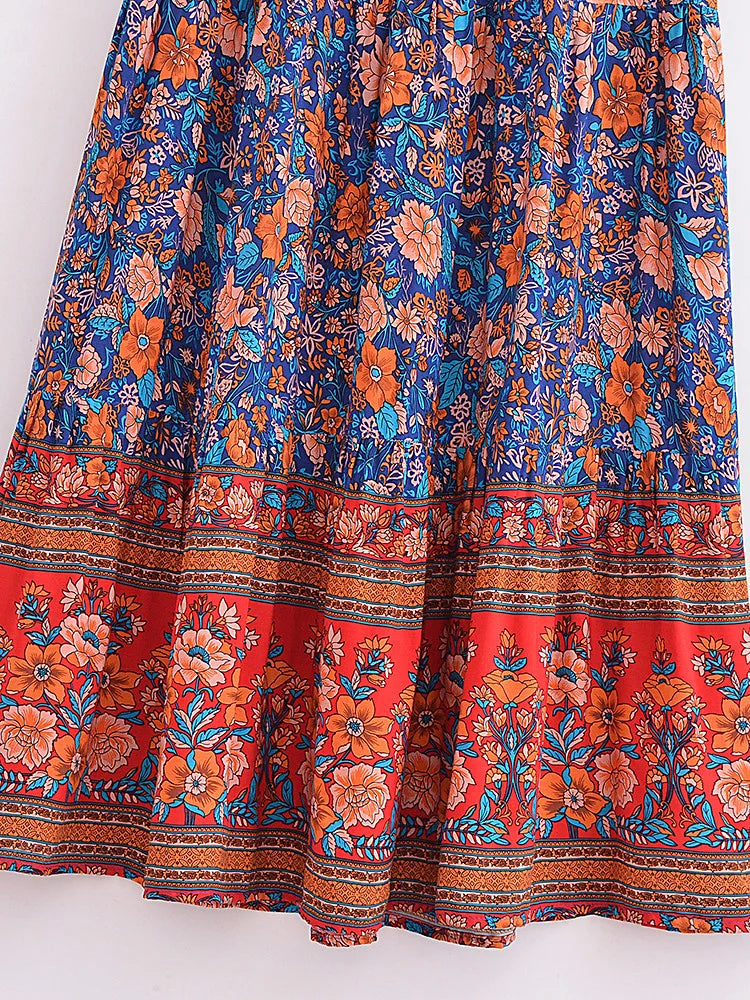 Sapphire Blue Floral Print Boho Maxi Skirt