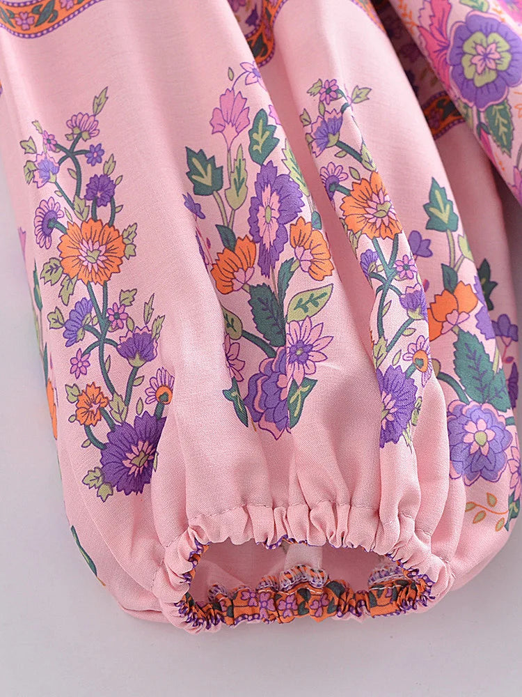 Pink Whisper Boho Floral Print Long Sleeve Blouse