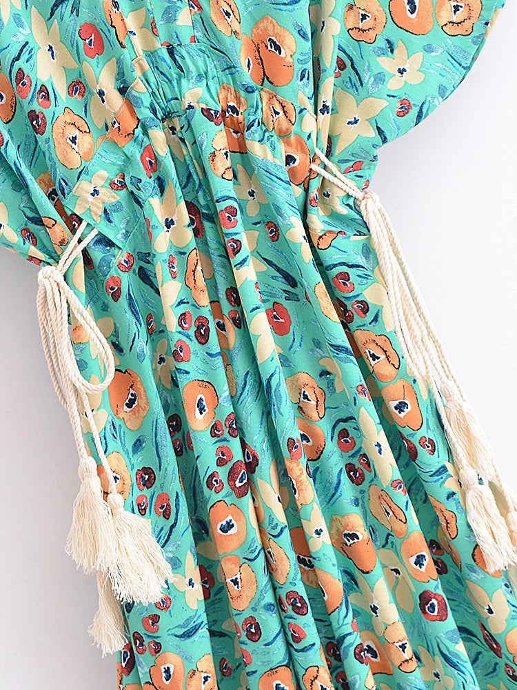 Evergreen Floral Boho Floral Print Midi Dress
