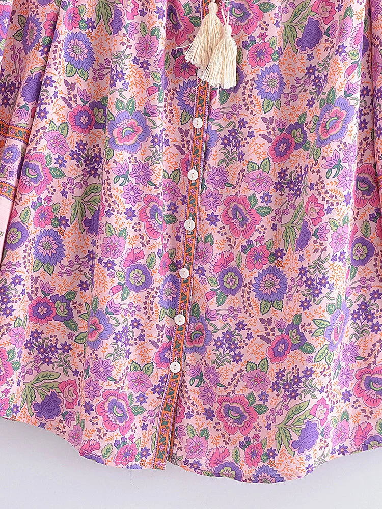 Pink Whisper Boho Floral Print Long Sleeve Blouse