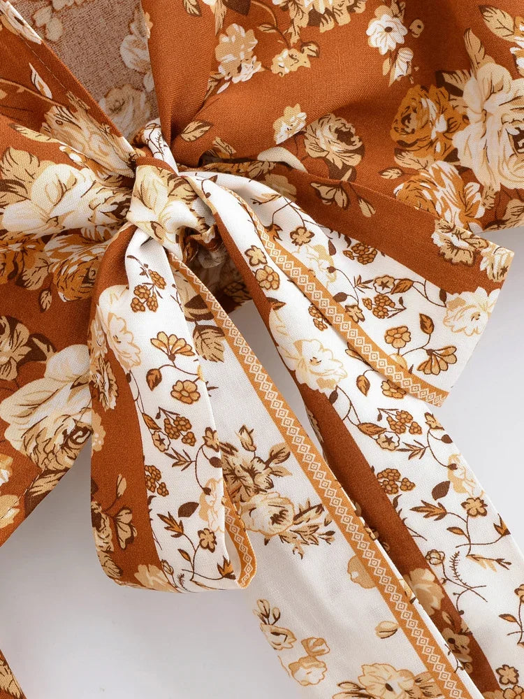 Spiced Honey Boho Floral Print Long Sleeve Crop Top