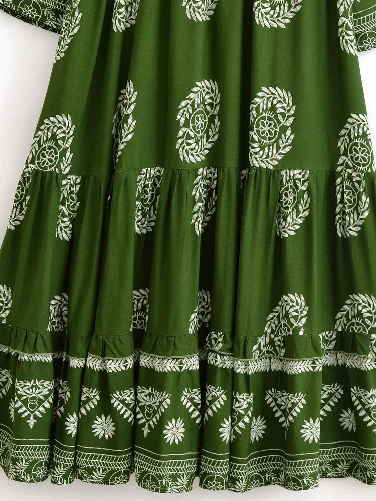 Sagewood Green Boho Floral Print Maxi Dress