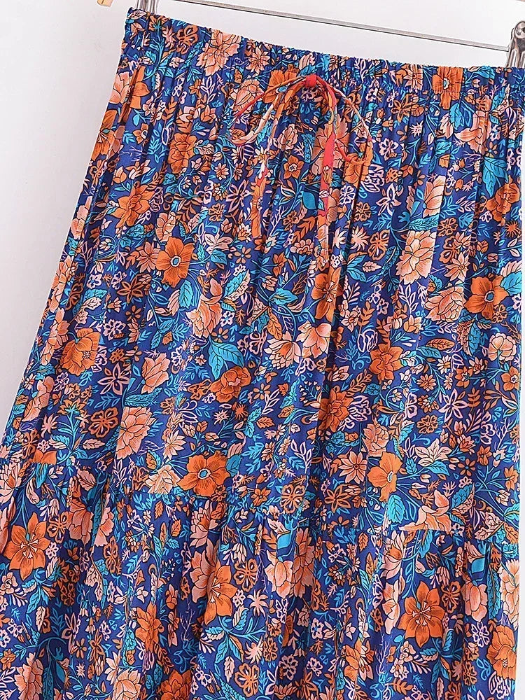 Sapphire Blue Floral Print Boho Maxi Skirt