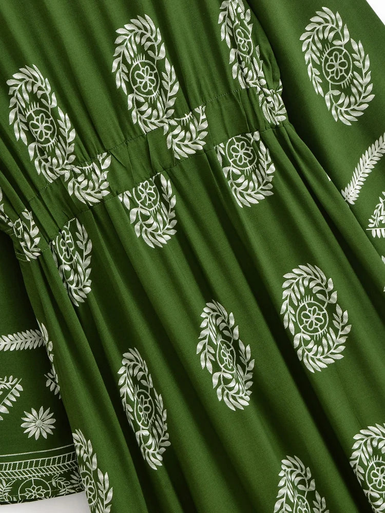 Sagewood Green Boho Floral Print Maxi Dress