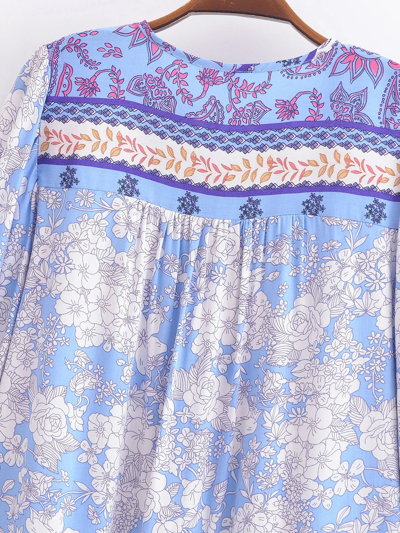 Serene Blue Boho Floral Print Long Sleeve Blouse