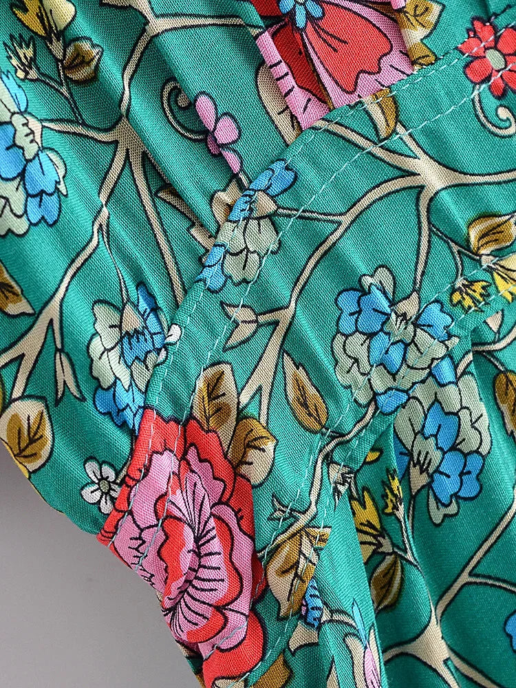 Teal Blooms Boho Floral Print Maxi Dress