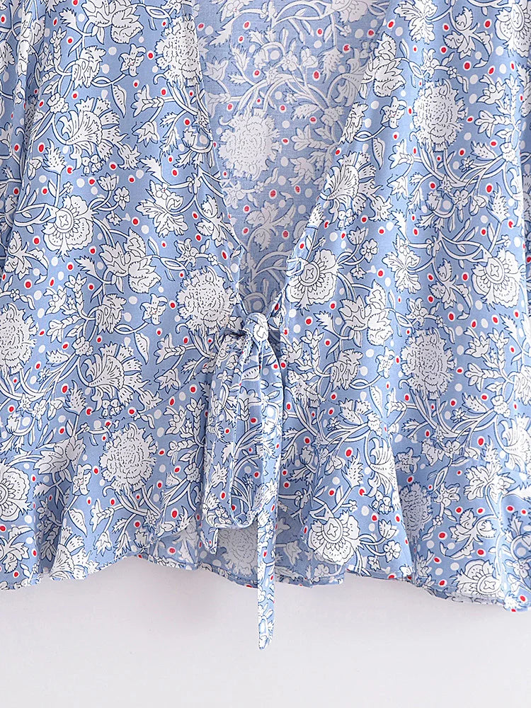 Serenity Blue Boho Floral Print Crop Top