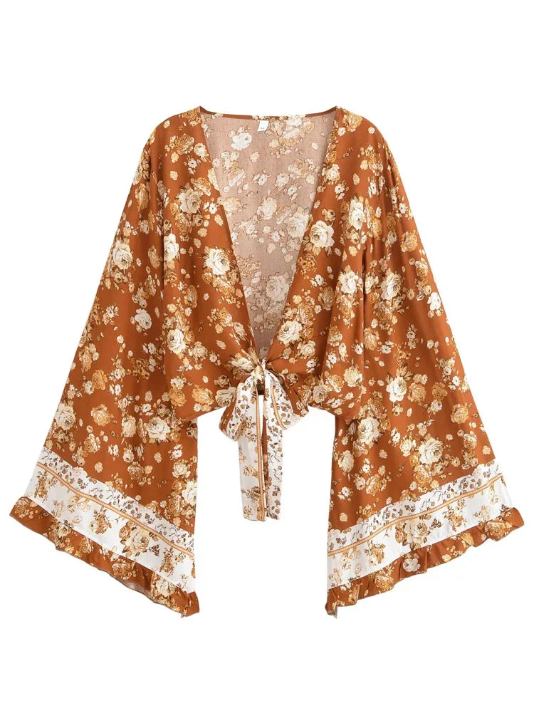 Spiced Honey Boho Floral Print Long Sleeve Crop Top