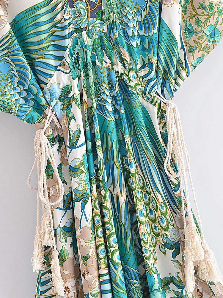 Teal Songbird Boho Floral Print Midi Dress