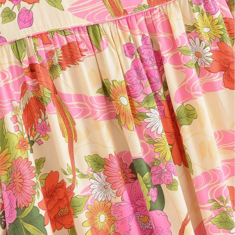 Paradise Sunset Boho Floral Print Long Sleeve Maxi Dress
