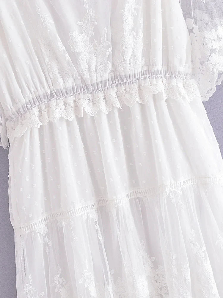 Romantic White Lace Boho Floral Maxi Dress