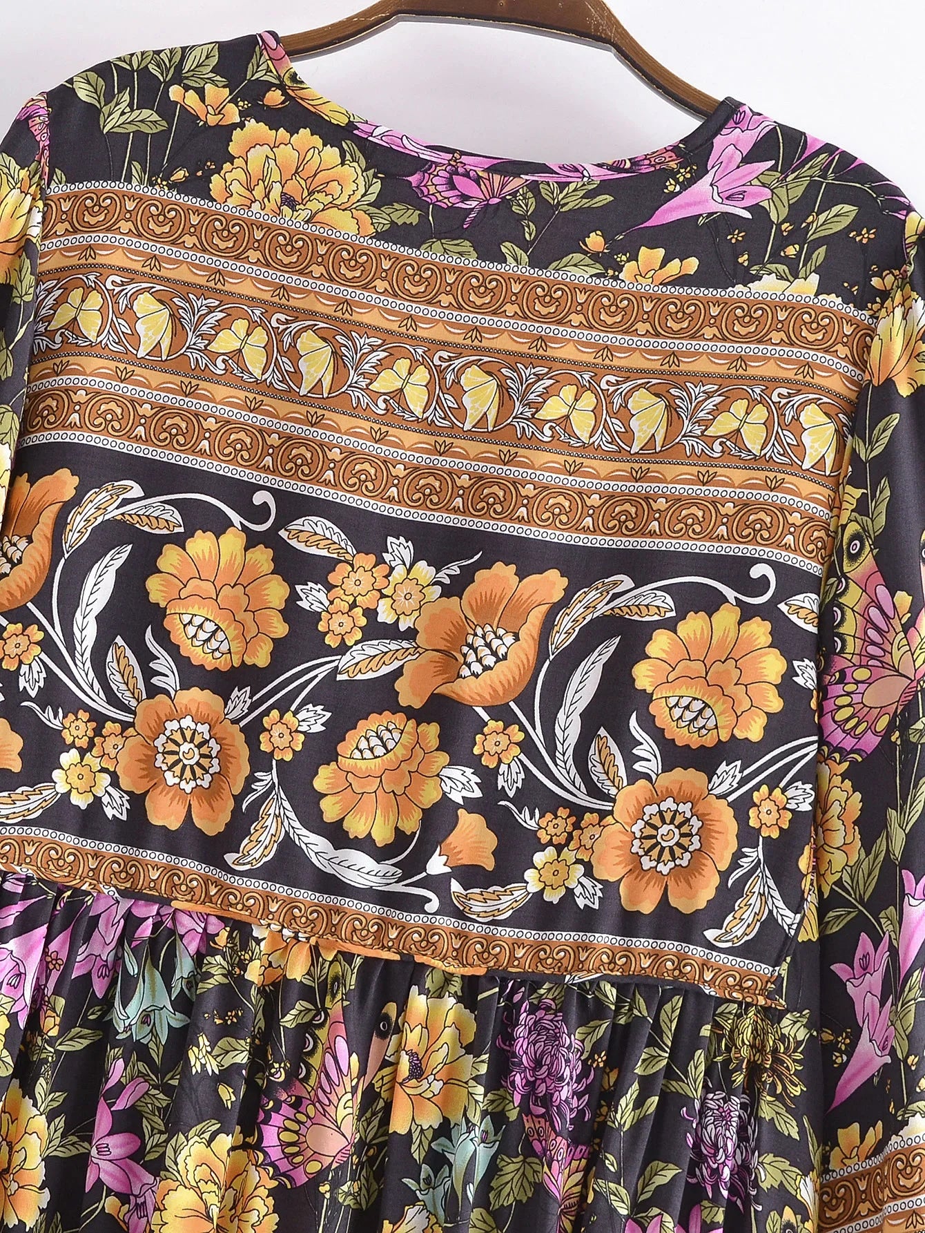 Black Butterfly Boho Floral Print Long Sleeve Maxi Dress