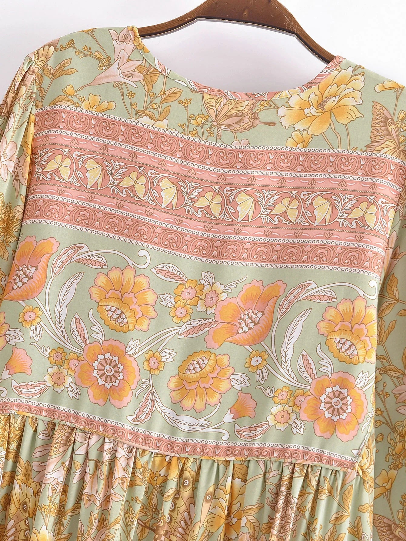Green Butterfly Boho Floral Print Long Sleeve Maxi Dress