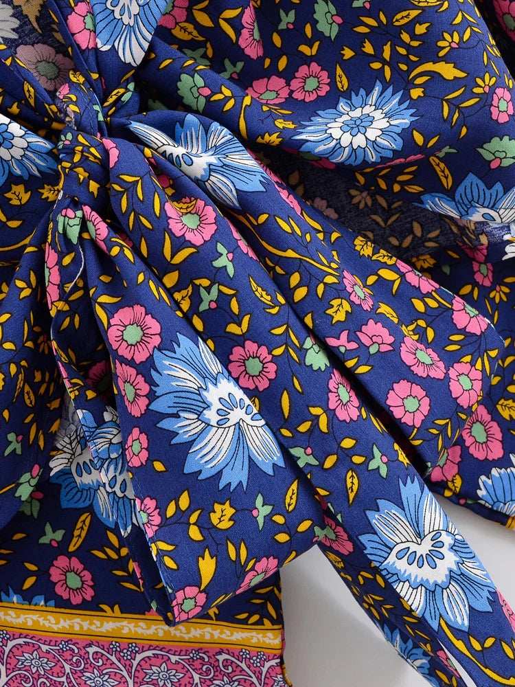 Navy Bloom Boho Floral Print Crop Top
