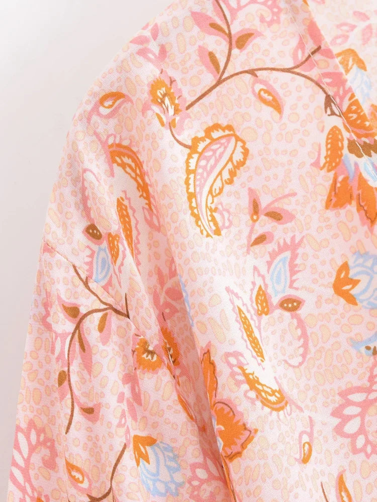 Sunset Glow Boho Floral Print Long Sleeve Crop Top