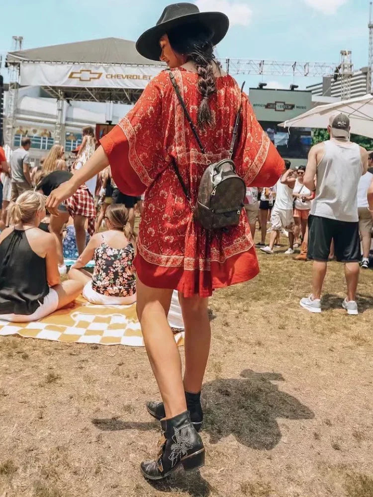 Rustic Red Boho Floral Babydoll Mini Dress