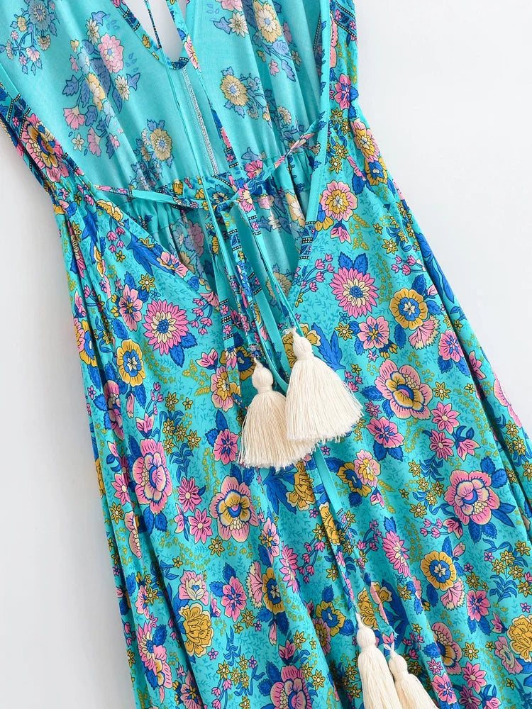 Turquoise Charm Boho Floral Print Maxi Dress