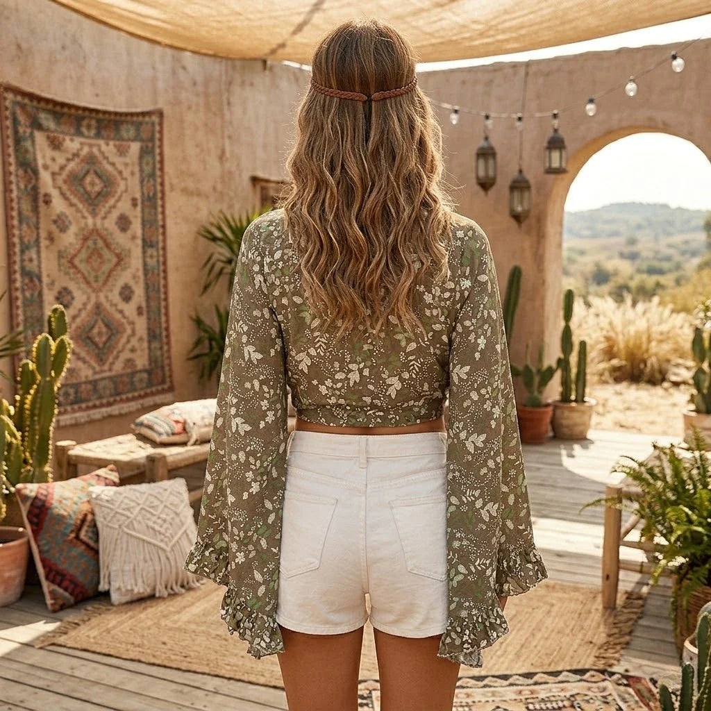 Olive Blossom Boho Floral Print Long Sleeve Crop Top