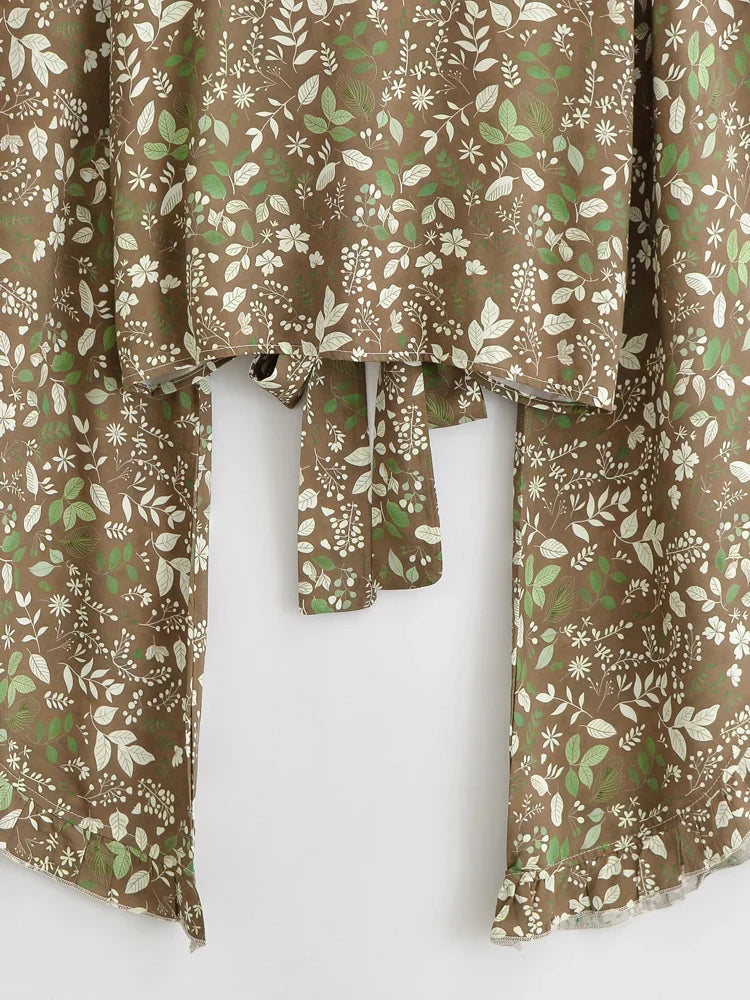 Olive Blossom Boho Floral Print Long Sleeve Crop Top