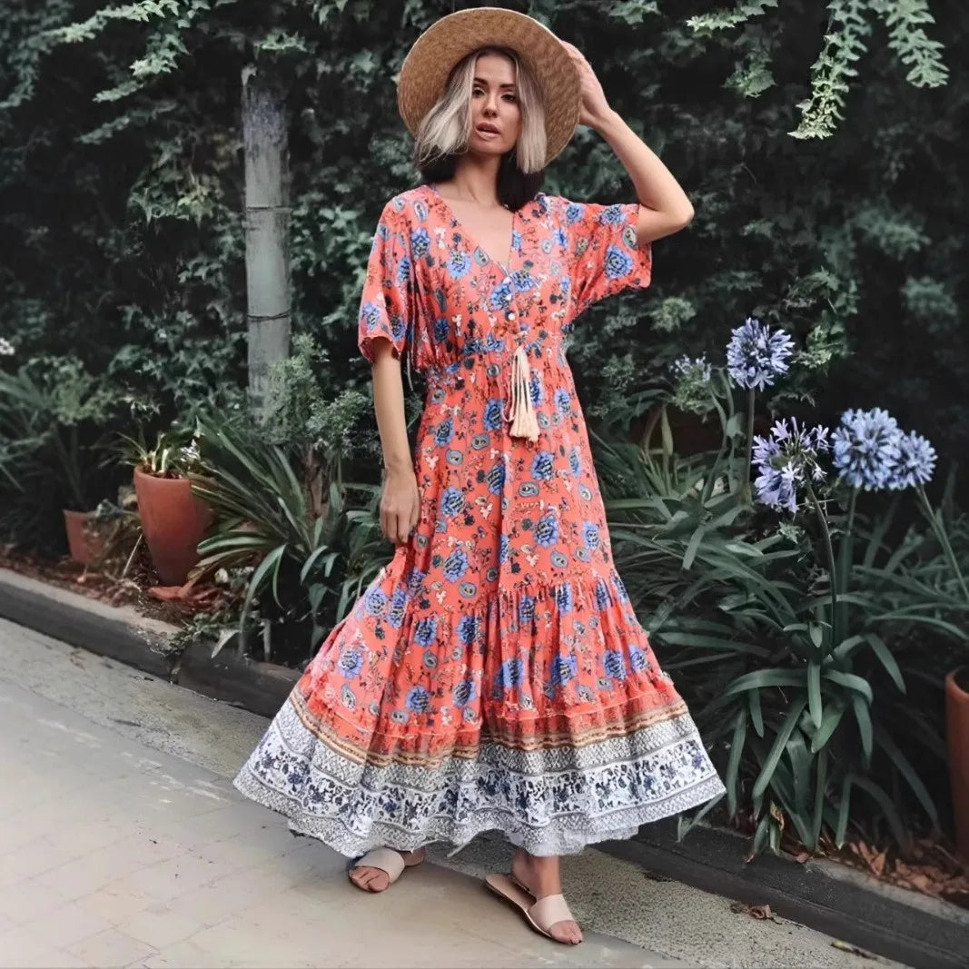Coral Bloom Boho Floral Print Maxi Dress