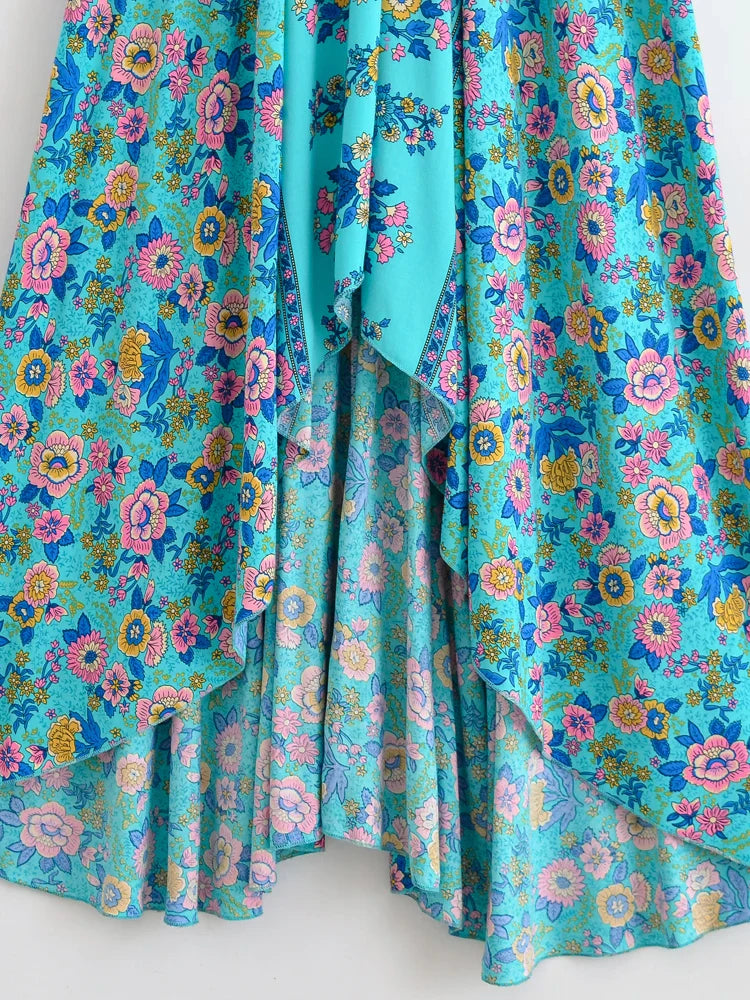 Turquoise Charm Boho Floral Print Maxi Dress