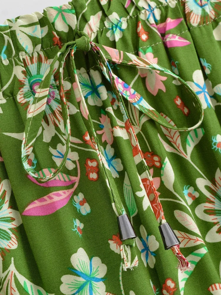 Green Dreamer Floral Print Boho Maxi Skirt