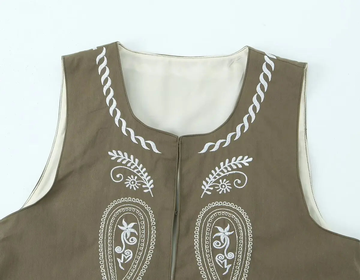 Olive Paisley Boho Floral Embroidered Vest