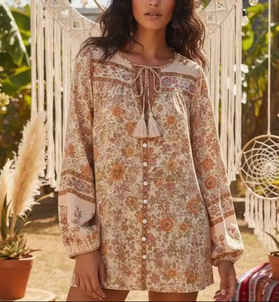Sahara Sands Boho Floral Print Long Sleeve Blouse