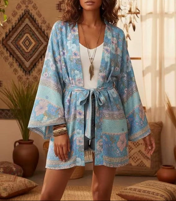 Hibiscus Bliss Boho Floral Print Short Robe