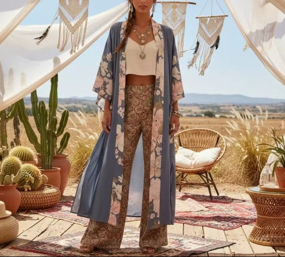 Twilight Blue Peacock Boho Maxi Robe