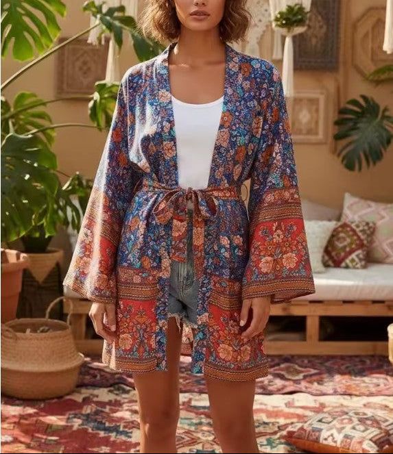 Sapphire Blue Boho Floral Print Short Robe