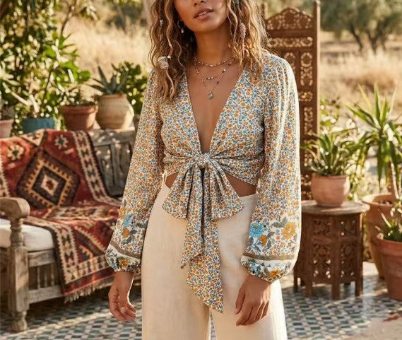 Jasmine White Boho Floral Print Long Sleeve Crop Top