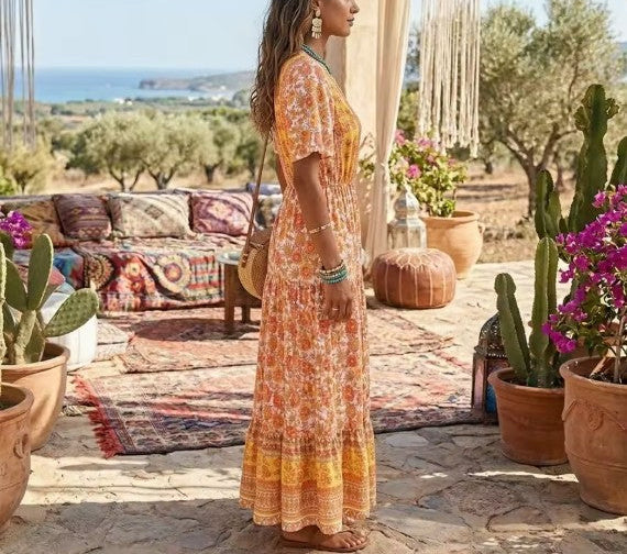 Marigold Orange Boho Floral Print Maxi Dress