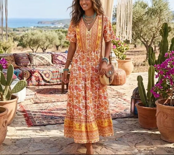 Marigold Orange Boho Floral Print Maxi Dress