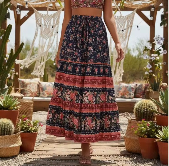 Forever Rose Boho Floral Print Midi Skirt