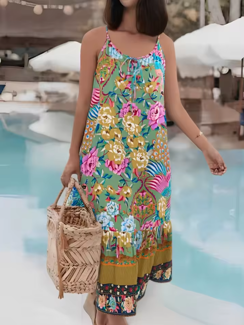 Jade Peacock Boho Floral Print Midi Dress