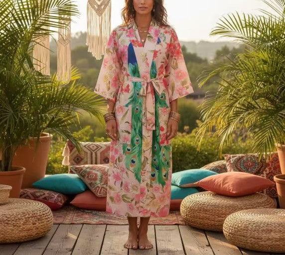 Pink Peacock Boho Floral Print Maxi Robe