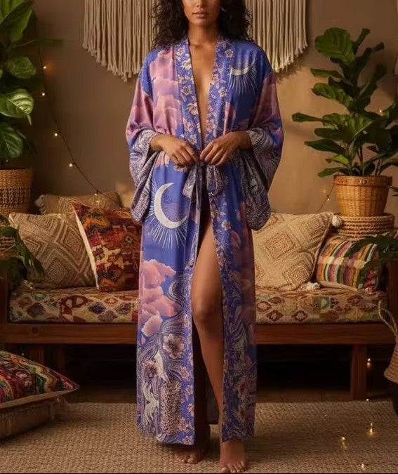 Moonstruck Indigo Goddess Boho Maxi Kimono Robe