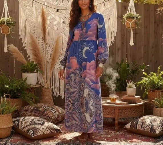 Moonstruck Boho Floral Print Long Sleeve Maxi Dress