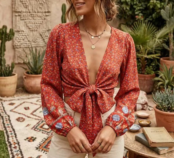 Red Bloom Boho Floral Print Long Sleeve Crop Top