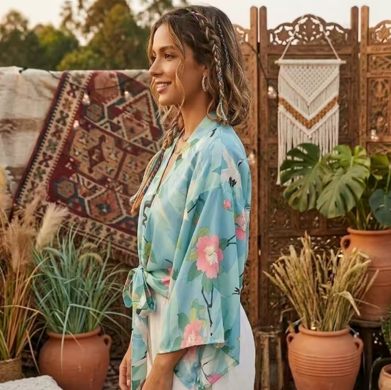 Moonlight Crane Boho Floral Print Crop Top