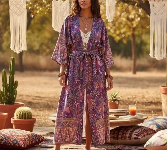 Violet Purple Boho Floral Print Maxi Robe