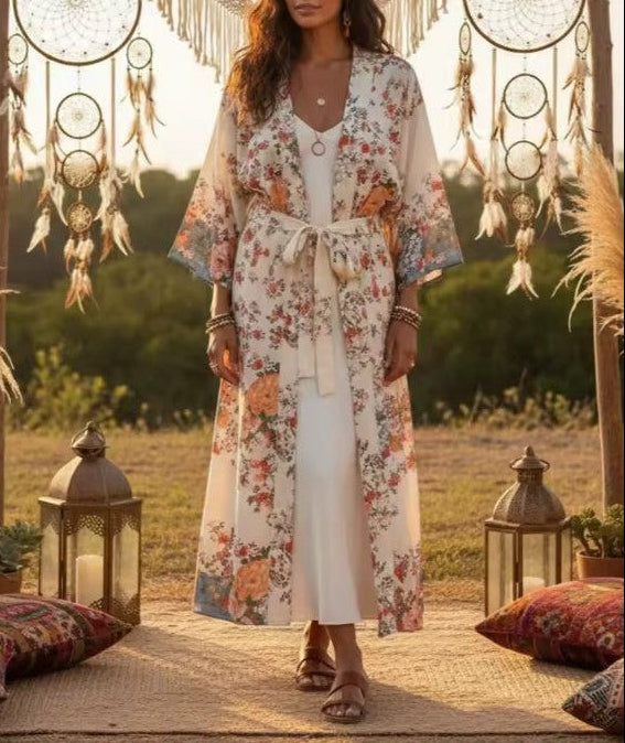 Wedding White Boho Floral Print Maxi Robe