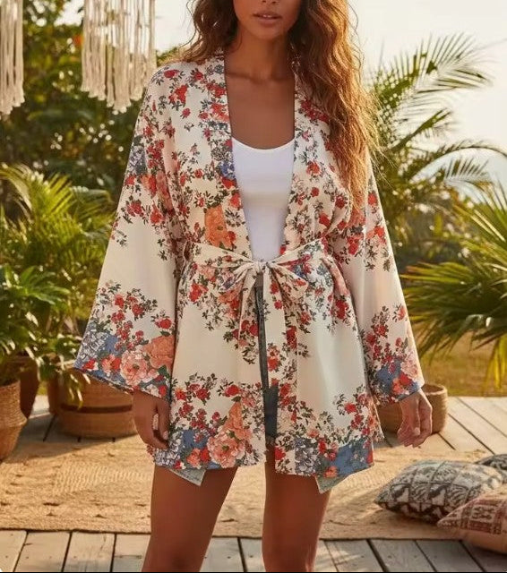 Wedding White Boho Floral Print Short Robe